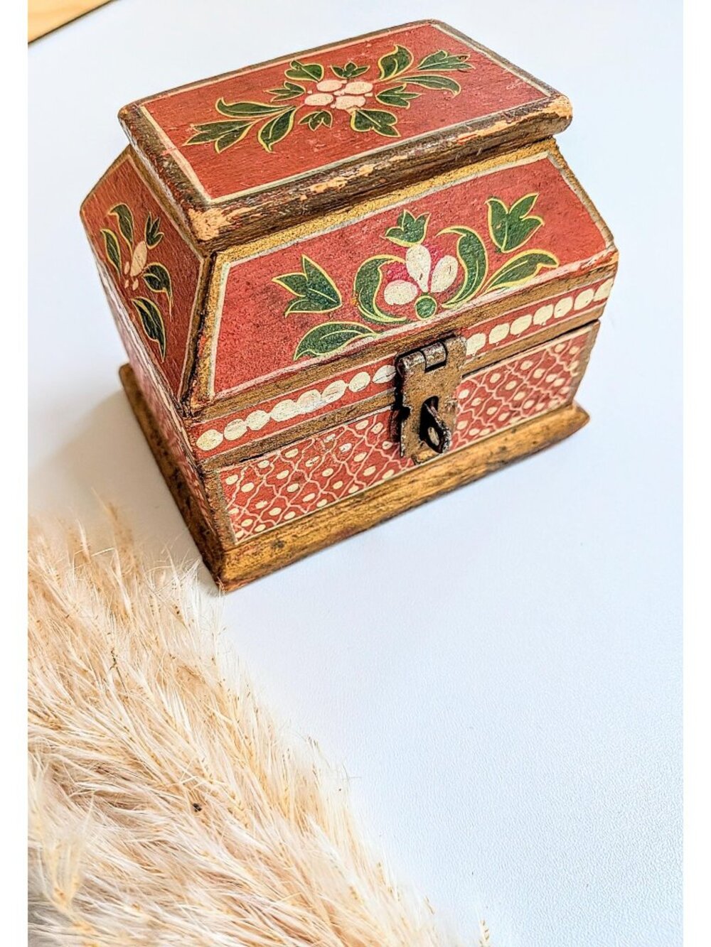 3/$65✨Vintage Mid-Century Painted Wooden Indian Box | Hand-Painted Folk Art